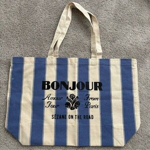 Sezane Bonjour From Paris Blue and Cream Striped Tote Bag